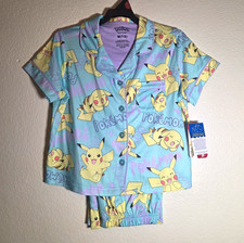 Pok mon Pikachu Girls M 7/8 2-Piece Button-Up Pajama Set Short Sleeve Blue
