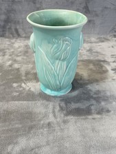 Nelson McCoy Tulip Vase Pottery Teal Raised Details 8