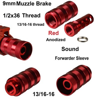 1/2x36 TPI Red Color Aluminum Muzzle Brake W 13/16X16 Forwarder For 9mm