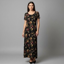 VTG Studio Ease Cottagecore Dress Womens Size 10 Black Floral Print Short Sleeve