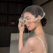 Pearl tassel pure white veil headgear bridal temperament hair accessories