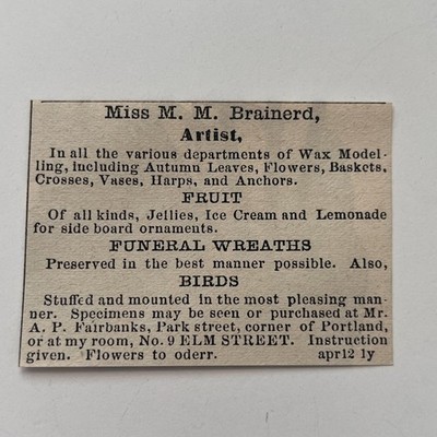 MIss M. M. Brainard Artist Wax Model 1871 Worcester MA Clipping TAJ8-S77