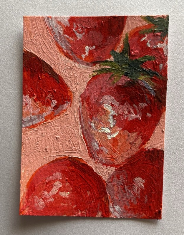 ACEO Original Acrylic Painting on Watercolor Paper, Unframed Small Strawberries