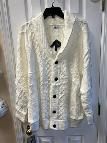 RUNCATI Men's Cardigan, Chunky Cable Knit, Shawl Collar, White Size XXL