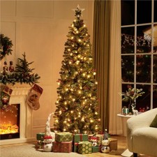 6/7.5ft Pre-lit Artificial Christmas Tree W/Pinecones Holly Berries Lights
