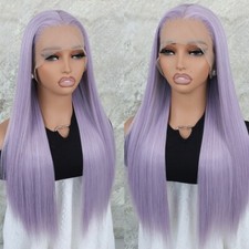 Long Straight Synthetic Lace Front Wig Heat Safe Natural Purple Hair Pre Plucked