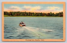 Linen Lake Boat People Greetings From Grayling Michigan P102A