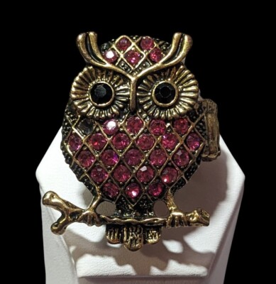 Witchy Cottagecore Pink Rhinestone Gold Tone Owl Stretch Ring Size 6