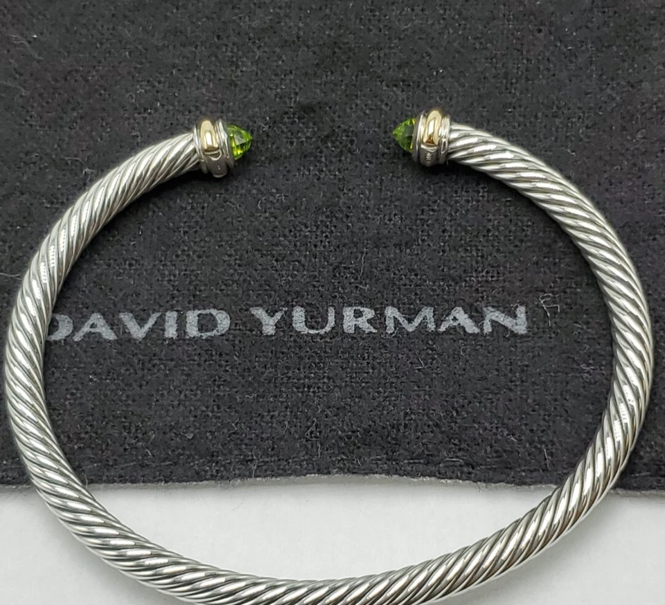 David Yurman Sterling Silver 4mm Cable Bracelet with Peridot & 18K Gold size L. - Image 3 of 4