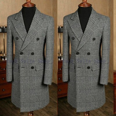 Black Check Men's Long Overcoats Double Breasted Peak Lapel Formal Outdoor Wear