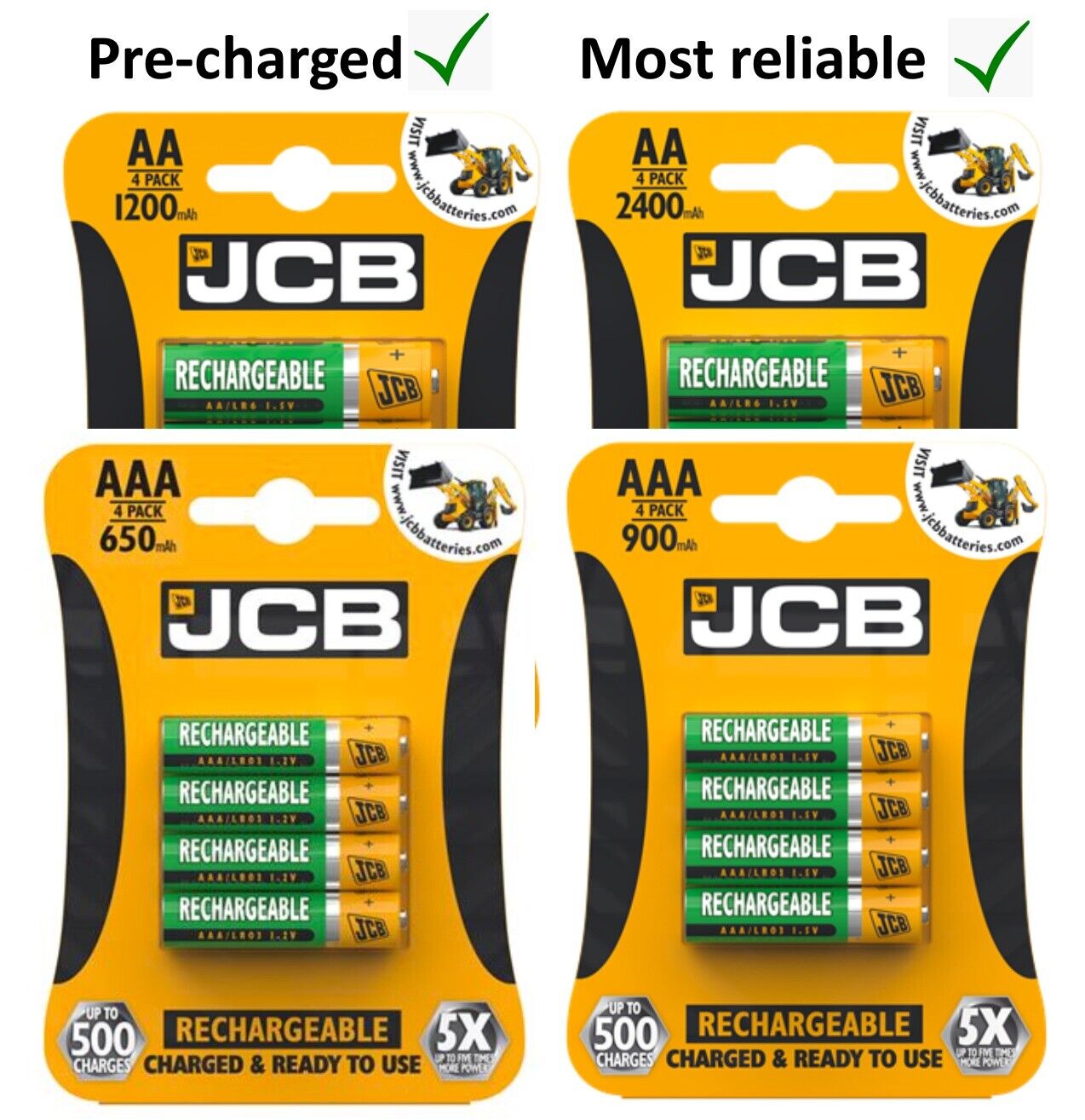 JCB Rechargeable Batteries AA AAA NiMH Pre Charged 650 1200 2400 900mAh NEW UK