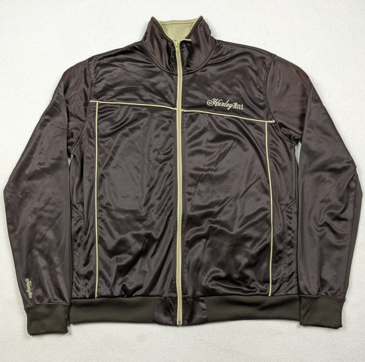 Vtg Hurley Full Zip Track Jacket Brown Shiny Dazzle Fabric Vtg Hurley Full Zip Track Jacket Brown Shiny Dazzle Fabric