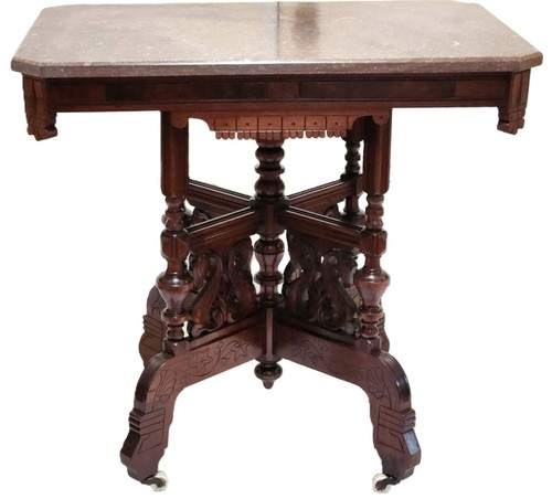 Center Parlor TABLE, Eastlake Victorian, Burl Walnut, Lyre, TN Brown Marble,33"L - Picture 5 of 18