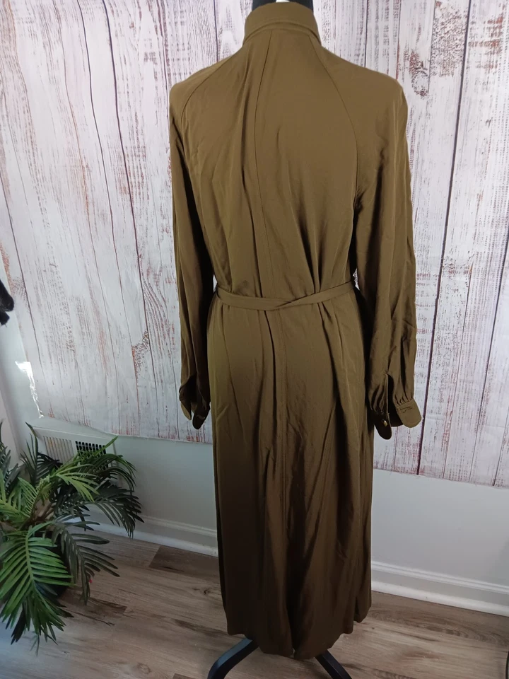 H&M Midi Shirt Dress Women’s 4 Long Sleeve Front Button Belted Pockets Green - Image 3 of 4