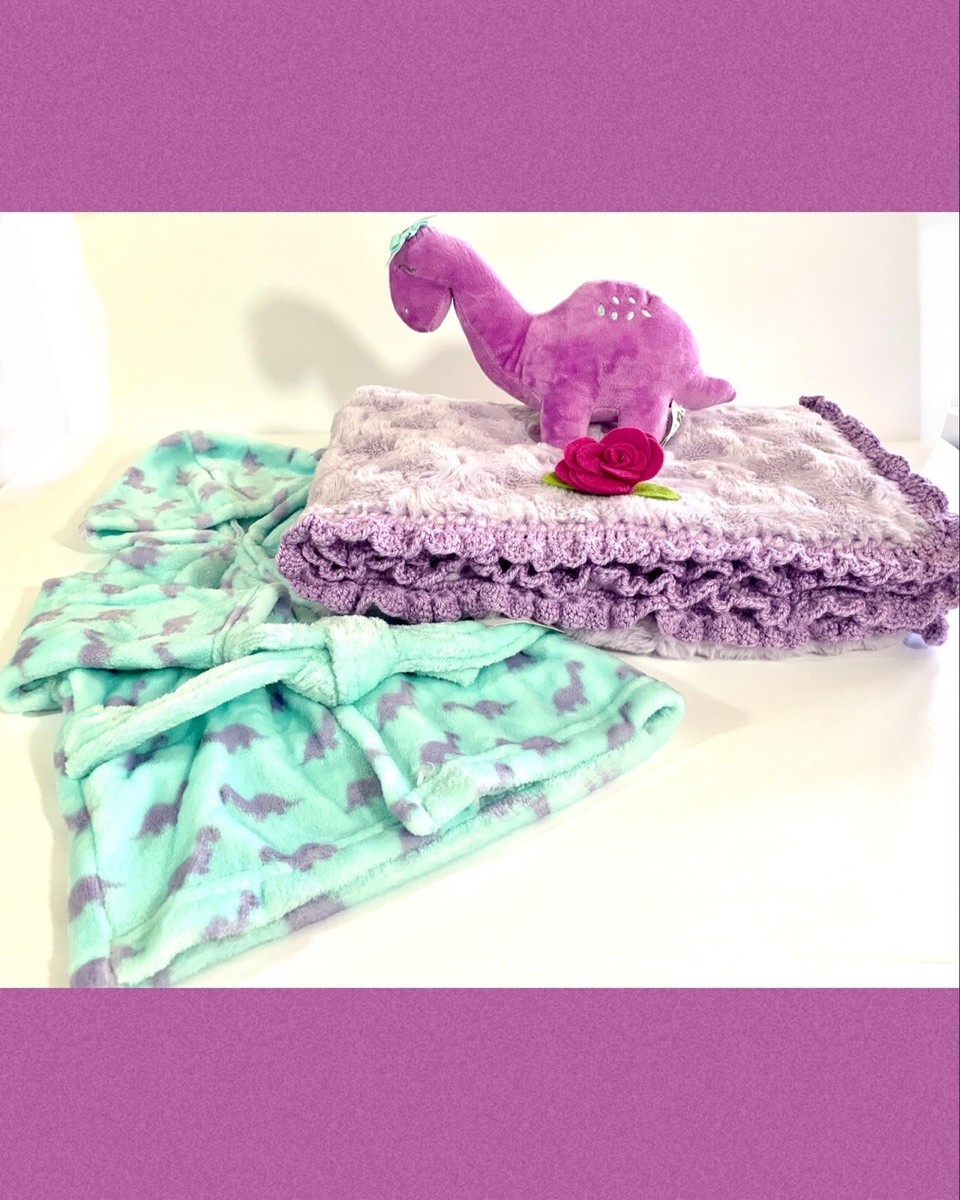 Lavender Ruffle Rosette Minky Crochet Dinosaur Baby Blanket Set