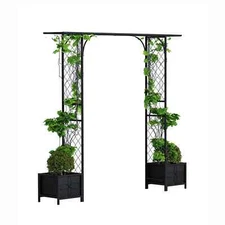 Zhongma Metal Garden Flat Top Arch Arbor with 2 side Planters, Trellis for Climb