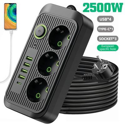 Steckdosenleiste 3-Fach mit 4 USB Mehrfachsteckdose mit Flachstecker und Schalte