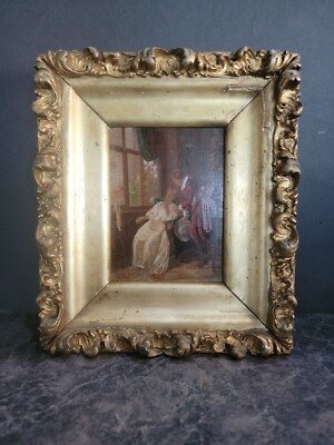 Antique Max Volkhart German Hute Dich Beware Man Woman Painting Oil Ornate Fram