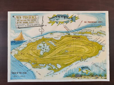  ORIGINAL HANDFARBIGE KARTE - DIE BAHAMA INSELN - NEW PROVIDENCE ISLAND - 1969