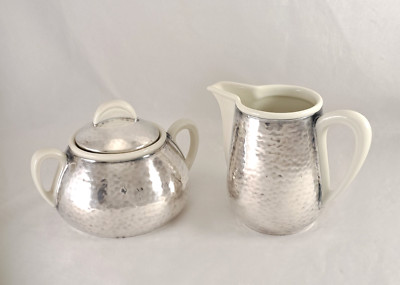 WMF BAUHAUS Hammered Silverplate on Porcelain Large Creamer & Sugar Bowl w/Lid