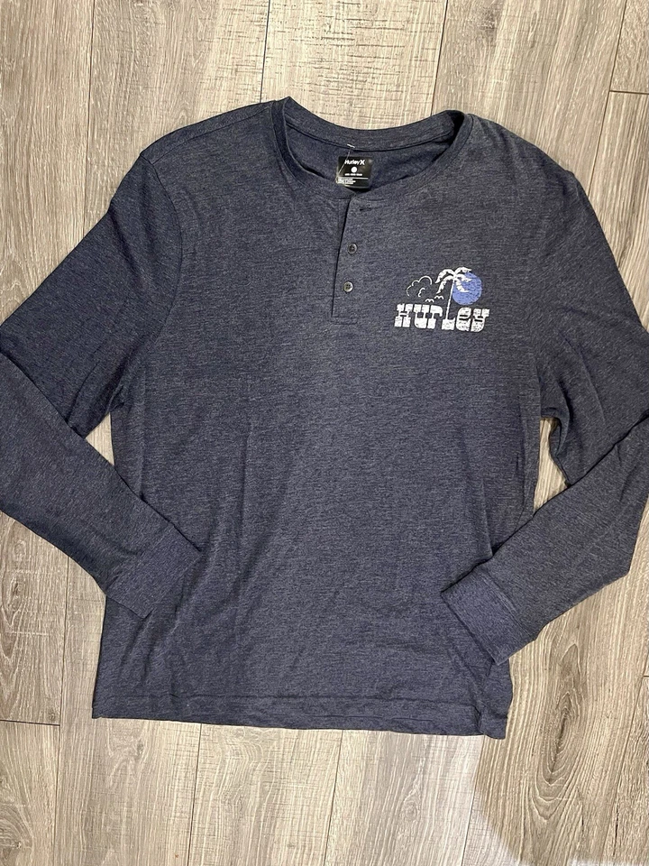 Hurley Men’s Graphic Long Sleeve Henley Shirt Beach Palm Tree Surf Large New - Image 2 of 4
