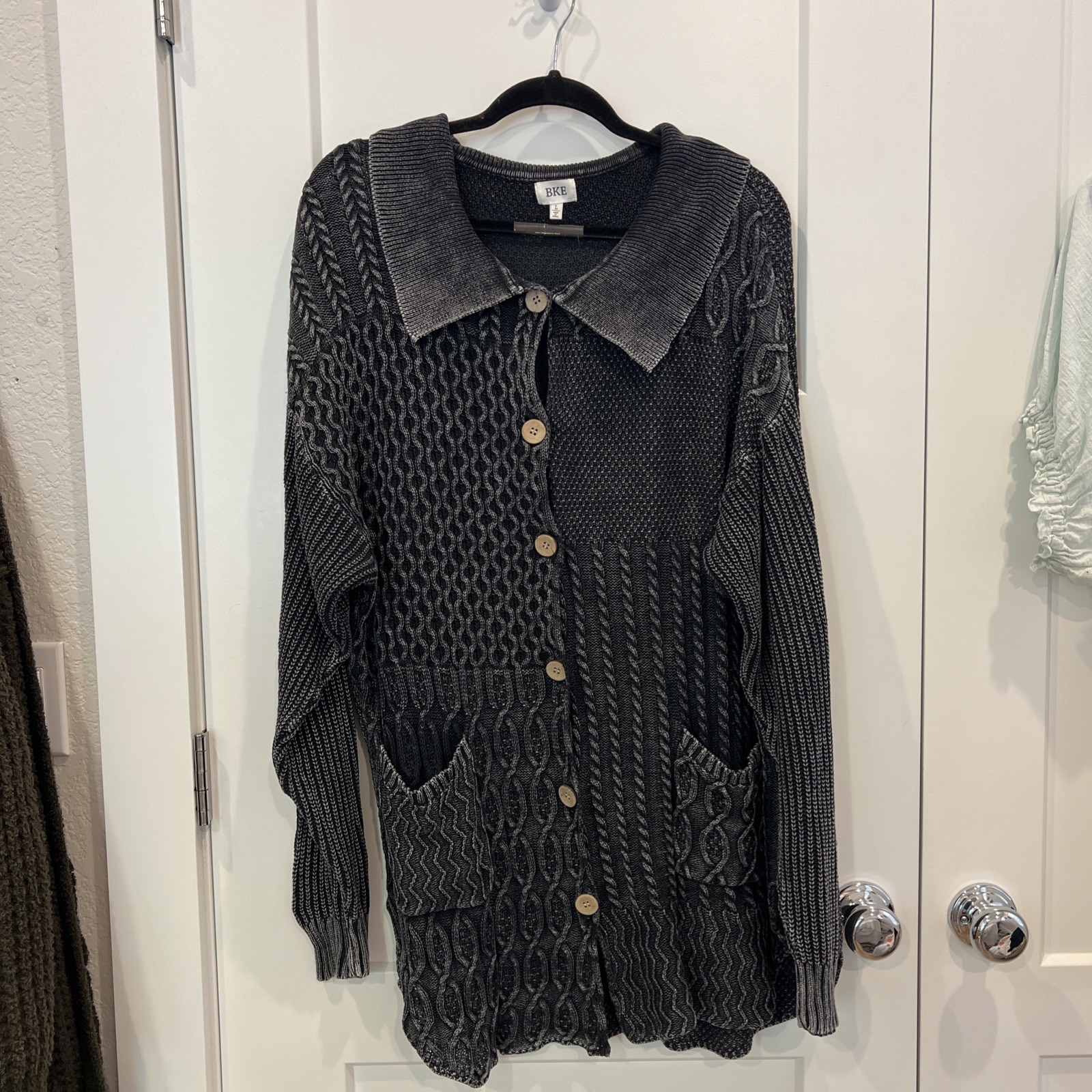 Bke Knit Boho Patchwork Sweater Gray Large - image 1