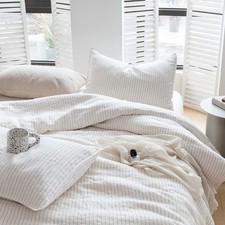 Simple Opulence 100 Pure Linen Duvet Cover Set, 3Pcs Striped Washed Natural ...