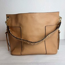 Steve Madden Tan Pebbled Vegan Leather Studded Strap Hobo Shoulder Bag Gold Tone