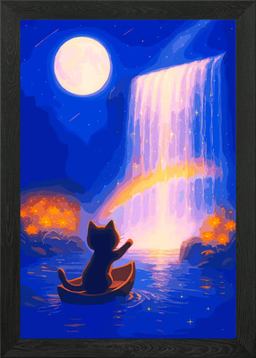 Gerahmtes Wandbild Poster Leinwanddruck Bild Katze auf Boot am Wasserfall