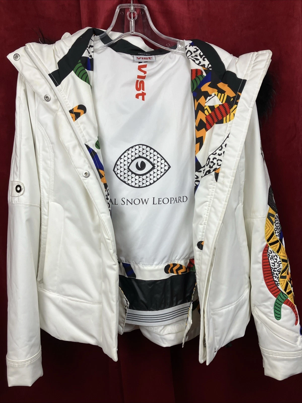 Sz Xs Vist Italy Snow Leopard Ski Jacket Fur Trim Hood White Y2k