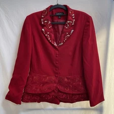 John Meyer Collection Red Floral Embroidered Beaded Button-Front Blazer Size 10