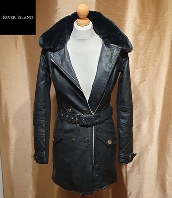 River Island Womens Fur Collar Faux Leather Mid Length Coat Size 6 Belted Jacket