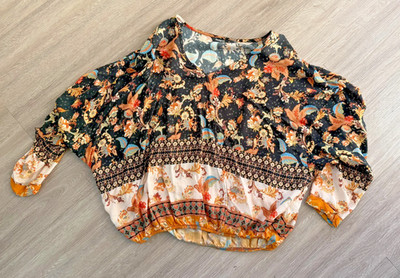 Desigual Women s Boho Floral Patchwork Blouse Size M Cropped Flowy Top 3/4 Sleev