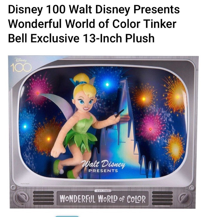 Disney 100 Years of Wonder, “Wonderful World Of Color” Tinker Bell Plush Doll TV