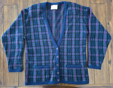 Vintage Pendleton Sweater Cardigan Plaid Medium 5 Button Virgin Wool Made in USA