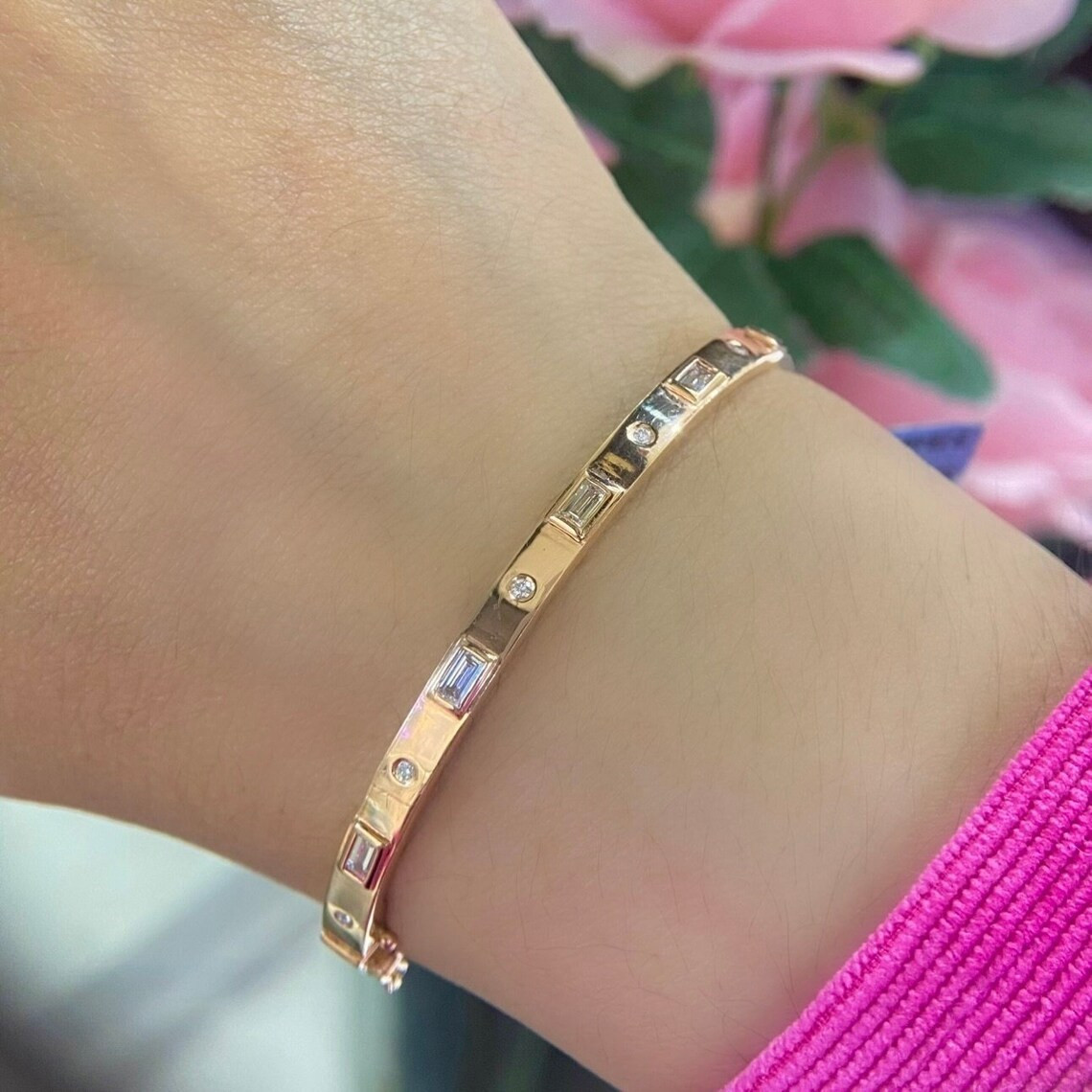 Brazalete brazalete para mujer de moissanita real corte esmeralda de 2,30 quilates enchapado en oro rosa de 14 quilates