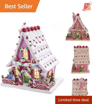 Pink Gingerbread House LED Table Decor Claydough Christmas Figurine