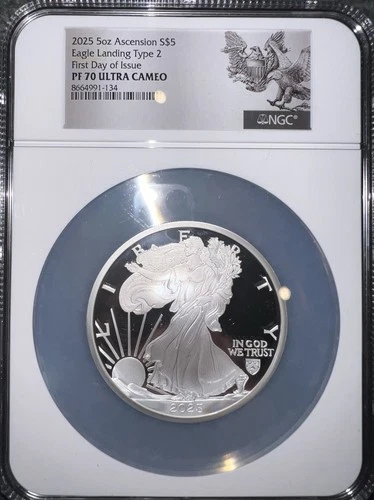 2025 5oz Ascension Island S$5 Eagle Landing Type 2 FDOI PF 70 Ultra Cam NGC Cert