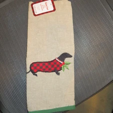 Comfort & Joy Beige Dachshund Dog Christmas Kitchen Towel NWT