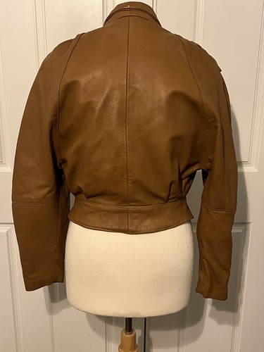 Vintage 1980s Brown Cropped Leather Moto Jacket Dolman Sleeves Size 2 XS - Picture 3 of 10