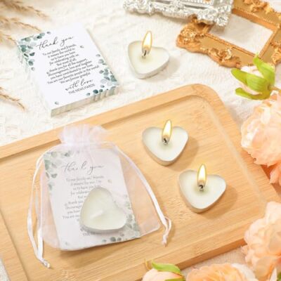 100 Sets Hochzeits-Gastgeschenke – Weiße Herz-Kerzen, Dankeskarten & Organza-Beutel (Komplettset Für 100 Gäste)