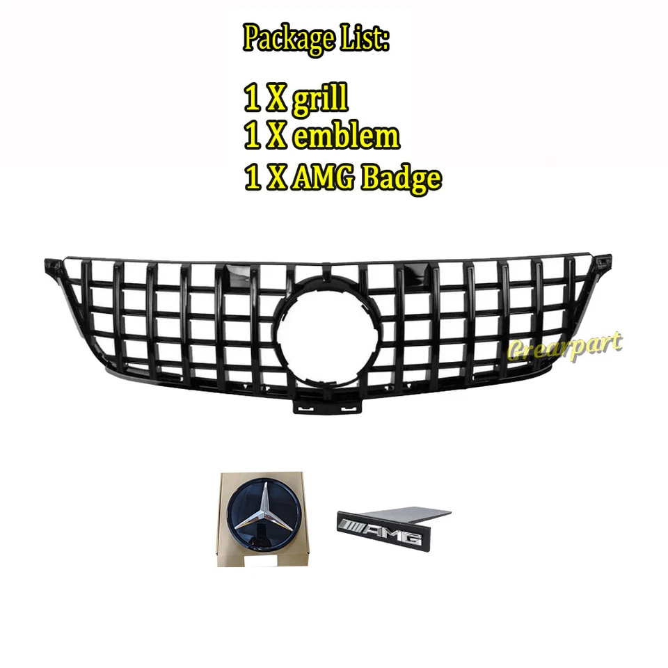 GT R Grill W/emblem For 2012-2015 Mercedes Benz W166 ML-CLASS Grille Black Mesh - Image 2 of 4