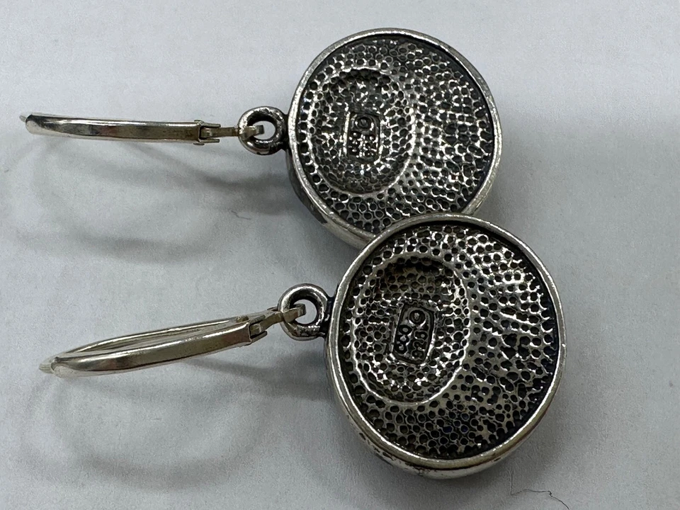 ESTATE STERLING SILVER TURQUOISE HOWLITE CABOCHON PEARL DROP SIGNED EARRINGS - Image 4 of 4