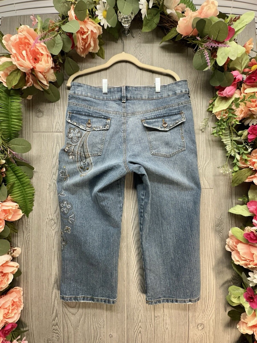 Faded Glory Jeans Capri 14 Womens denim floral Rhinestone Studded