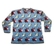 Vtg Adele Knitwear USA Sweater Pullover Floral Crew Neck Chunky Knit Blue L EUC