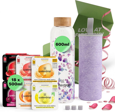 Waterdrop Glas Trinkflasche 600ml inkl. 18 Drops Geschenk Set zuckerfrei