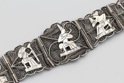 Antique Egyptian Revival Filigree Bracelet, 900 Sterling Silver Heavy Large 30gr