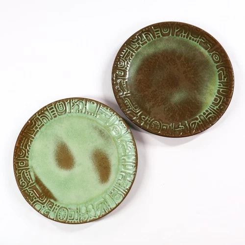 Vintage Frankoma Pottery Mayan Aztec 9in Luncheon Plates Green Brown Glaze