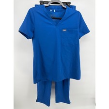 FIGS Technical Collection Scrub Set Royal Blue V-Neck Top Cargo Pants Small