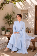 Pakistani Embroidered Lawn Suit Women Sky Blue Kurta Trouser Dupatta 2Pc/3Pc Set